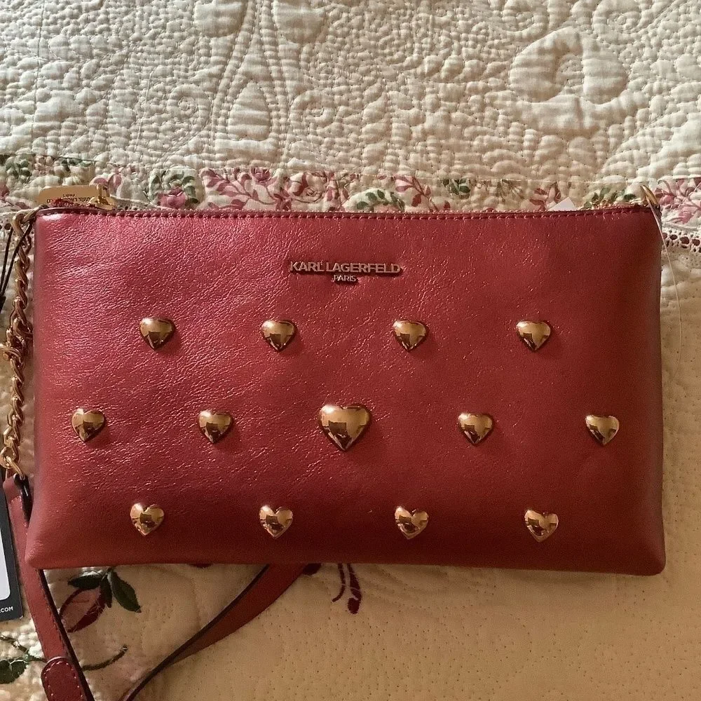 KARL LAGERFELD KAROLINA LIGHT METALLIC RED CRANBERRY CROSSBODY NEW WITH …